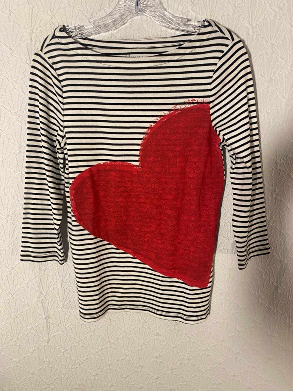 Chico's Black & White Striped Top with Red heart Accent Fun summer boat Preppy
